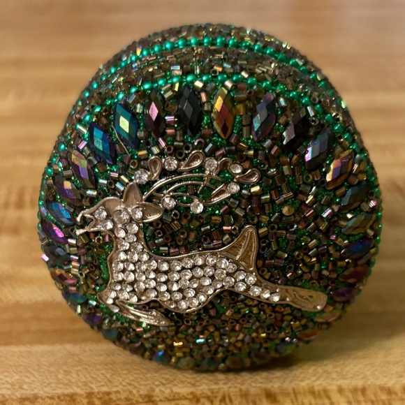 Green and Jewel Toned Beaded and Clear Rhinestone Reindeer Gift Box Small - Picture 4 of 9